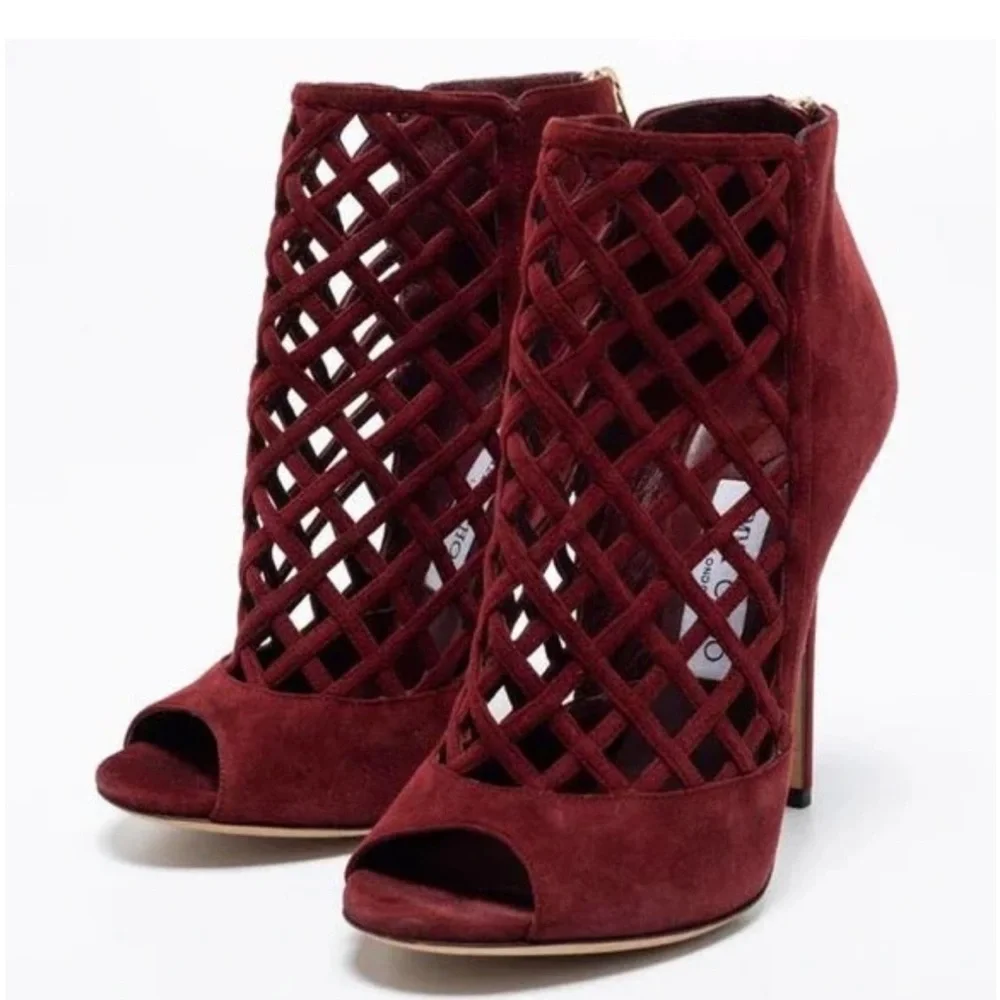Jimmy Choo Claret Suede Drift Cutout Stiletto Heels Caged‎ Size 38.5 Size 38 1/2